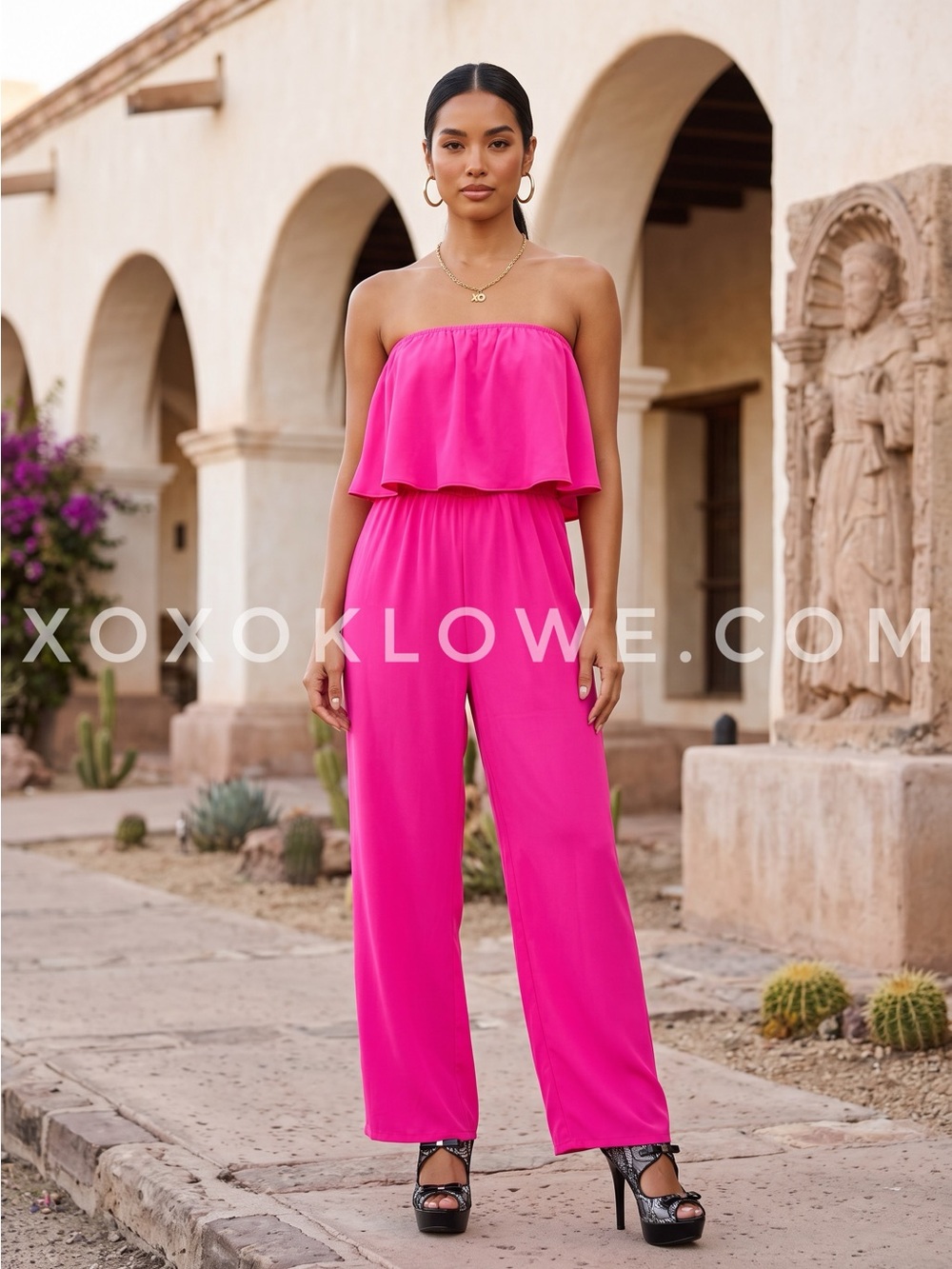 Hot Pink Strapless Ruffle Jumpsuit | Straight Wide Leg Elastic Waist